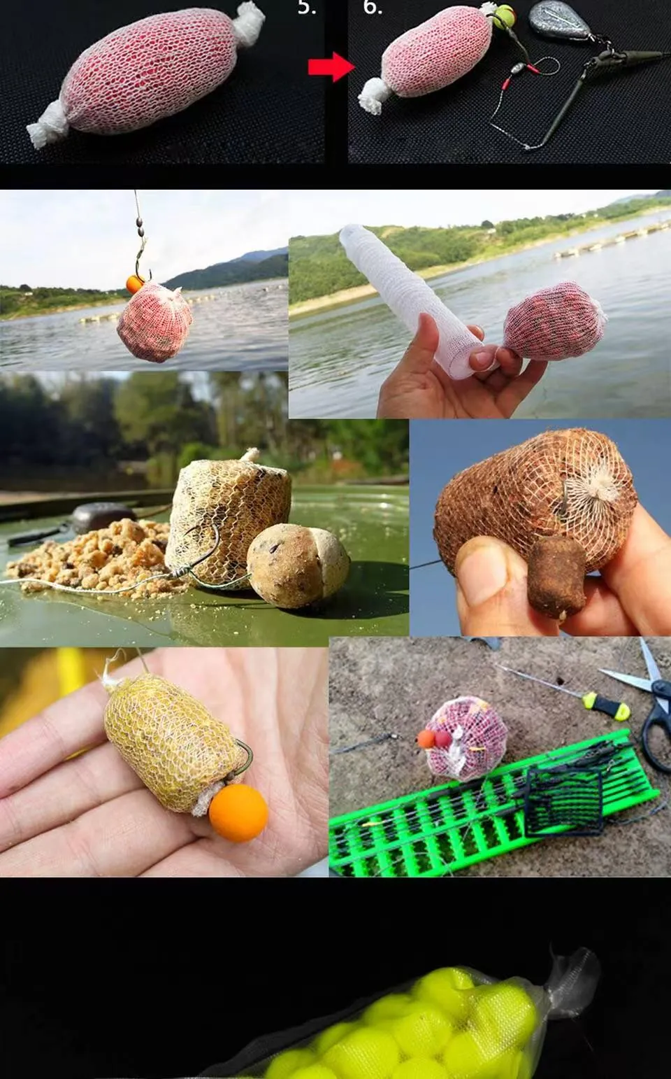 Water-soluble PVA mesh parcels being filled on the bank and cast into the lake